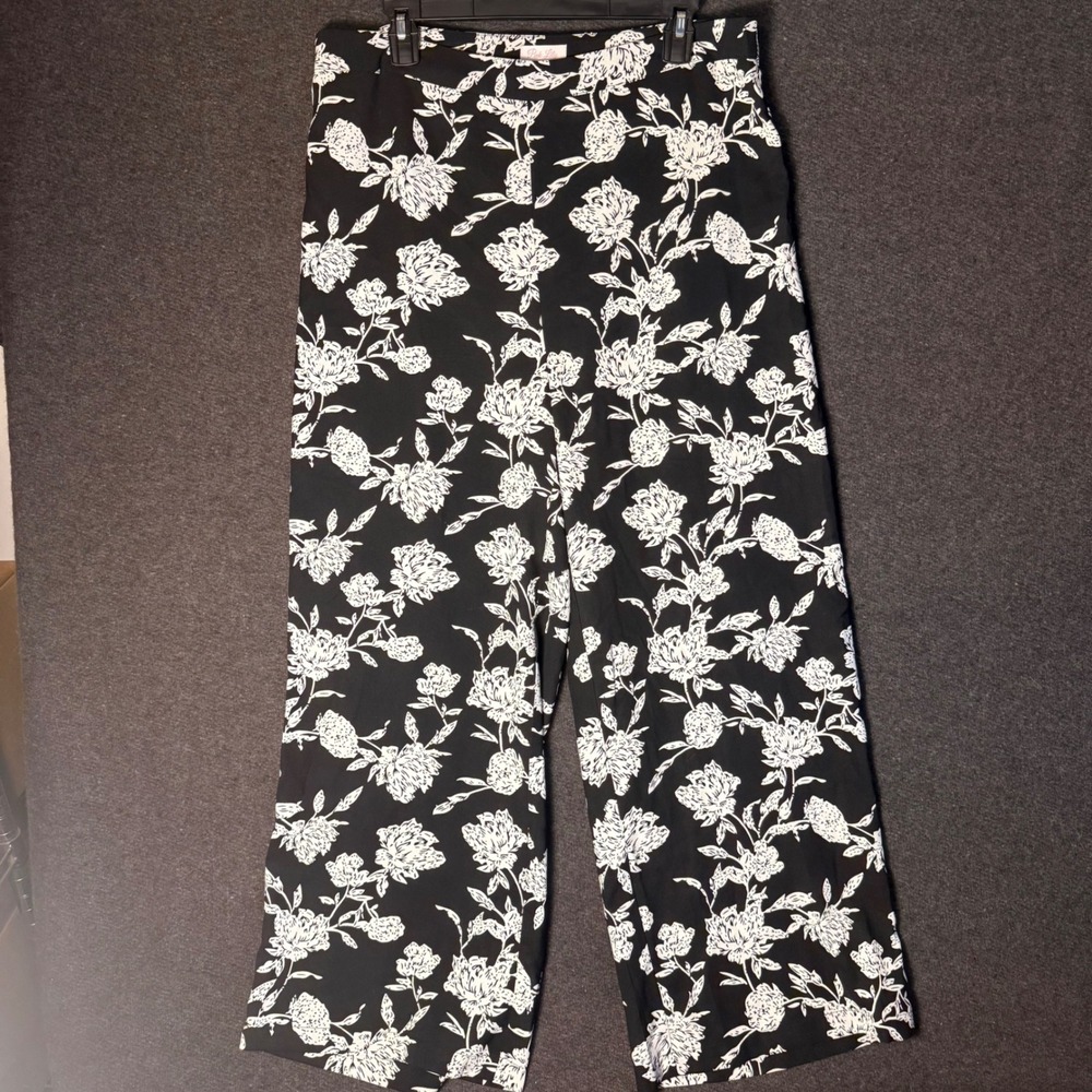 Womens L Black White Floral Wide Leg High Rise Pants Tropical Resort Boho